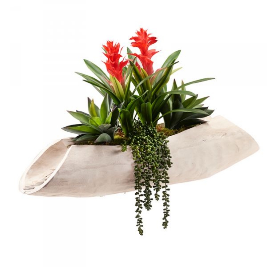 Picture of RED GINGERS, ALOE PLANTS AND SEDUM SPRAY IN WHITEWASHED LODGE PLANTER